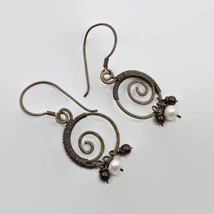 Copper Earrings, Boho, Wire Wrapped, Pierced Dangle, Handcrafted, Lightweight